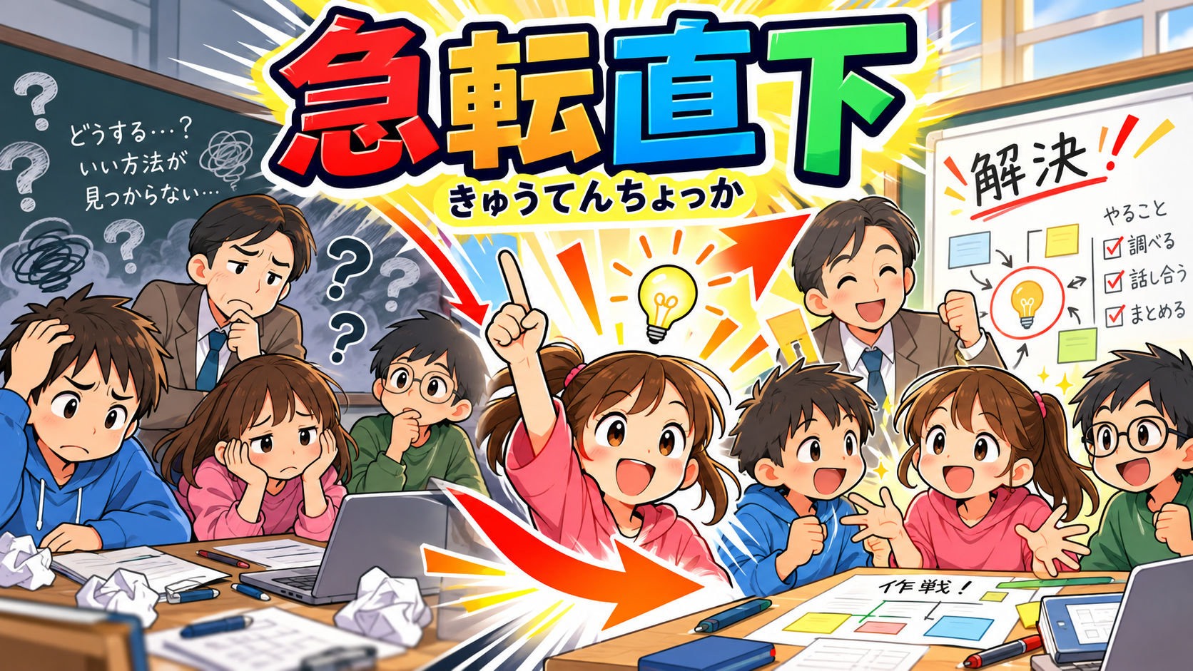 急転直下(きゅうてんちょっか)の意味・由来・例文・急展開との違い